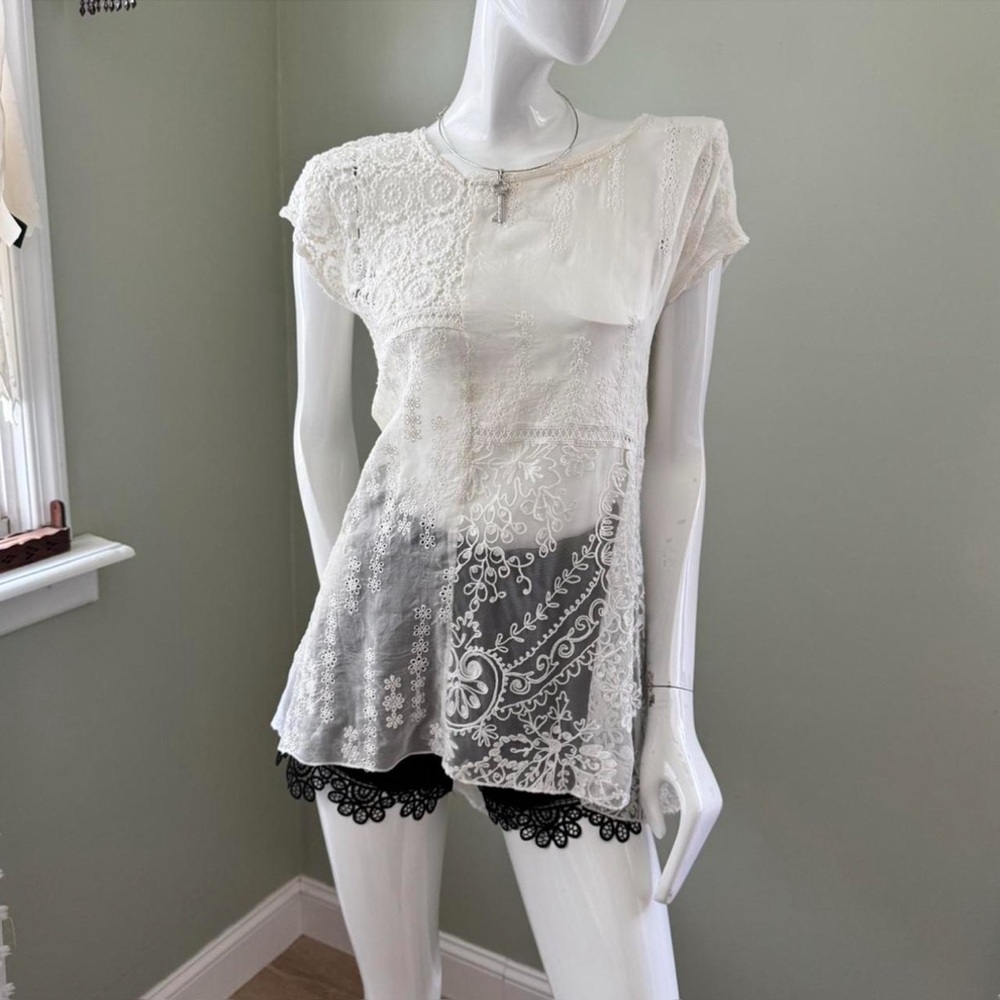 Johnny Was 4LoveAndLiberty Sheer Embroidered Lace Tunic – Patchwork Boho Top (S)